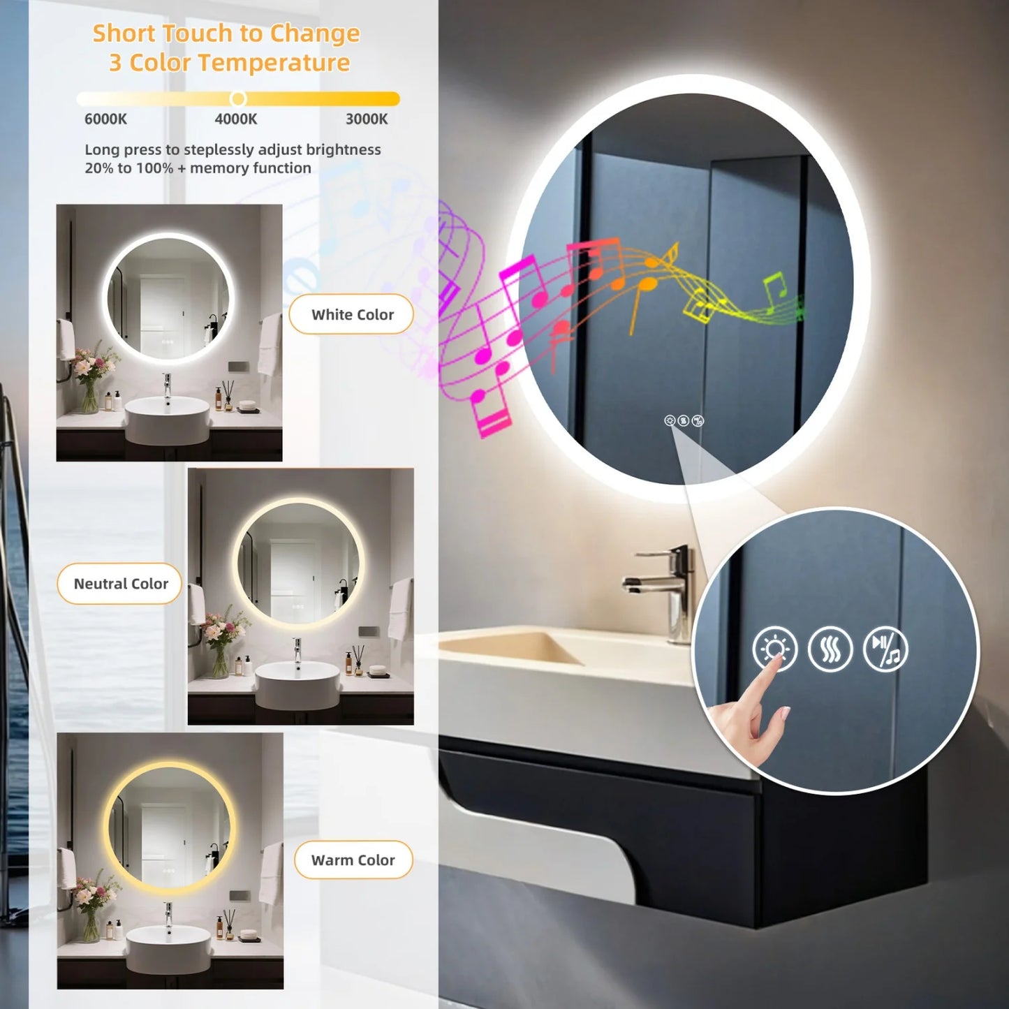 Dimmable Led Bathroom Mirror with Bluetooth Speaker