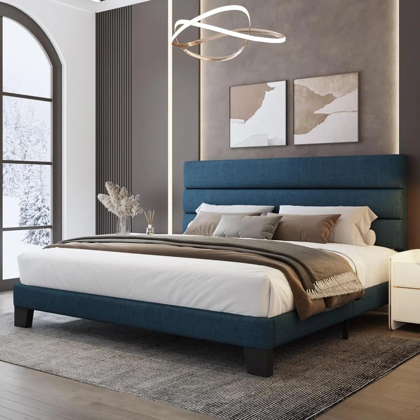 King Bed Frame Platform with Velvet Upholstered