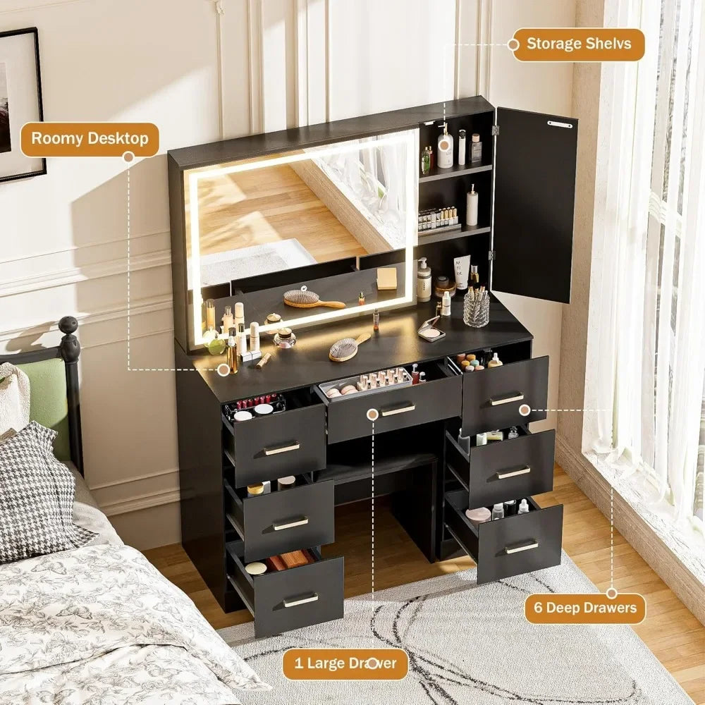 Black Vanity Desk with Mirror and Lights