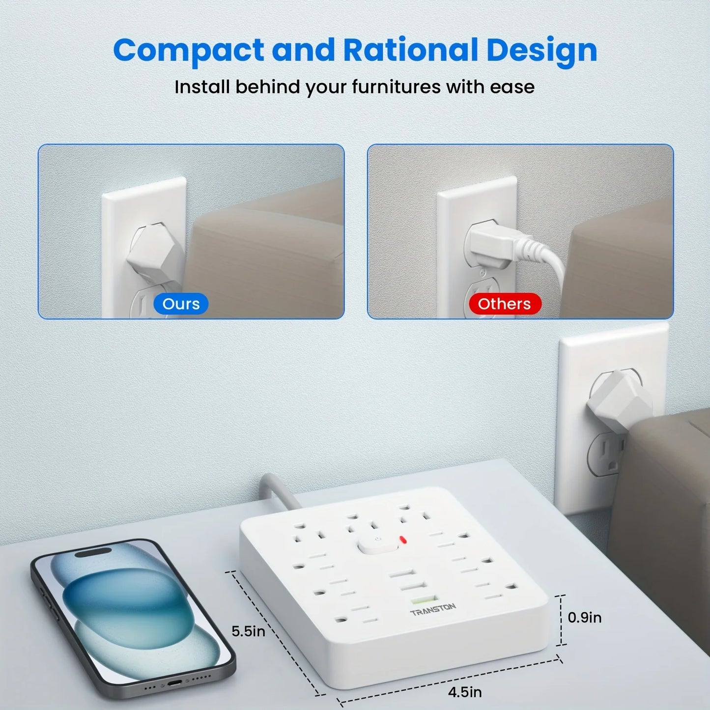 Power strip with, 9 sockets 3 USB Ports,5ft Extension Cord