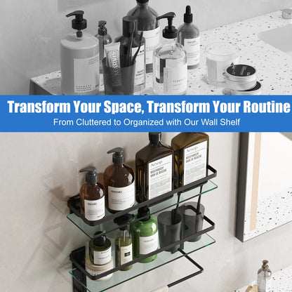 Glass Bathroom Shelf with Towel Bar 2-Tier