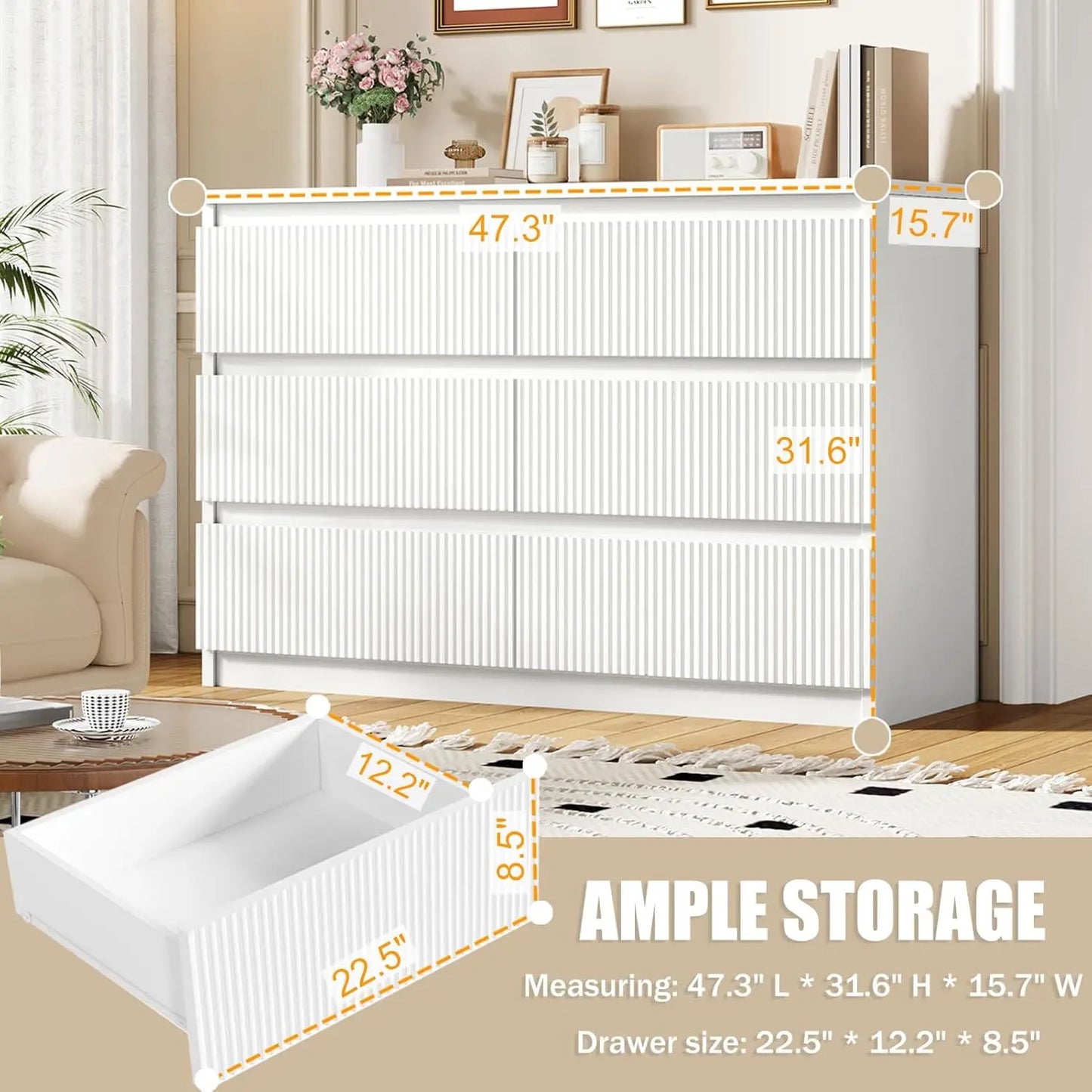 White 6 Drawer Dresser for Bedroom