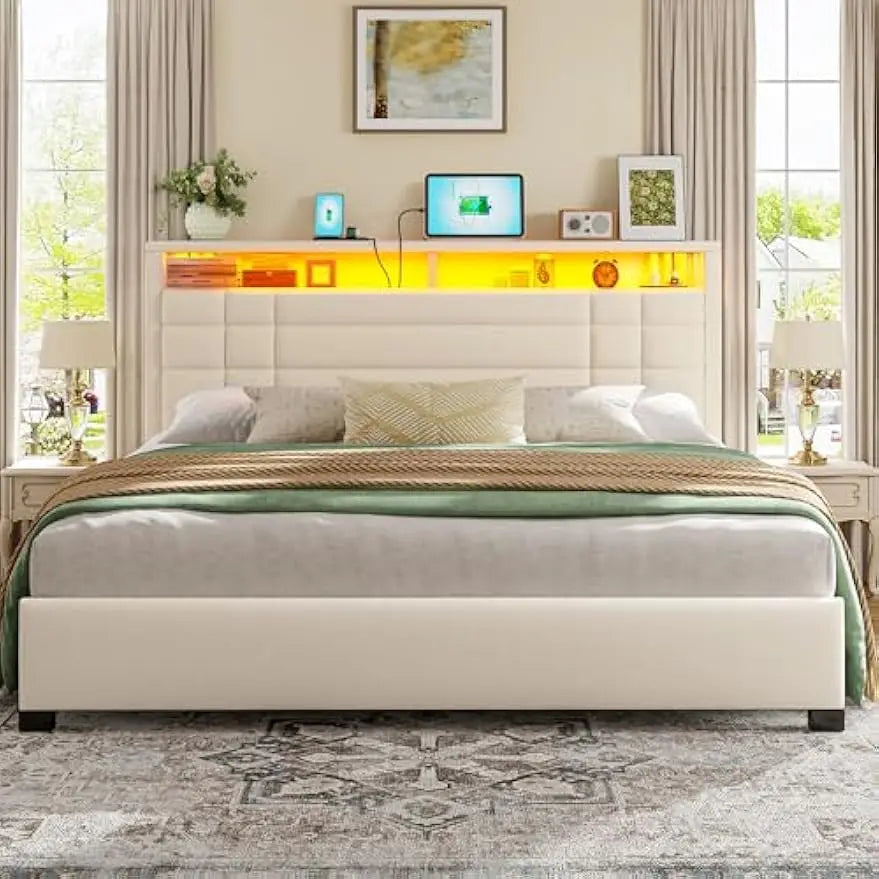 King Size Bed Frame with 2-Tier Storage