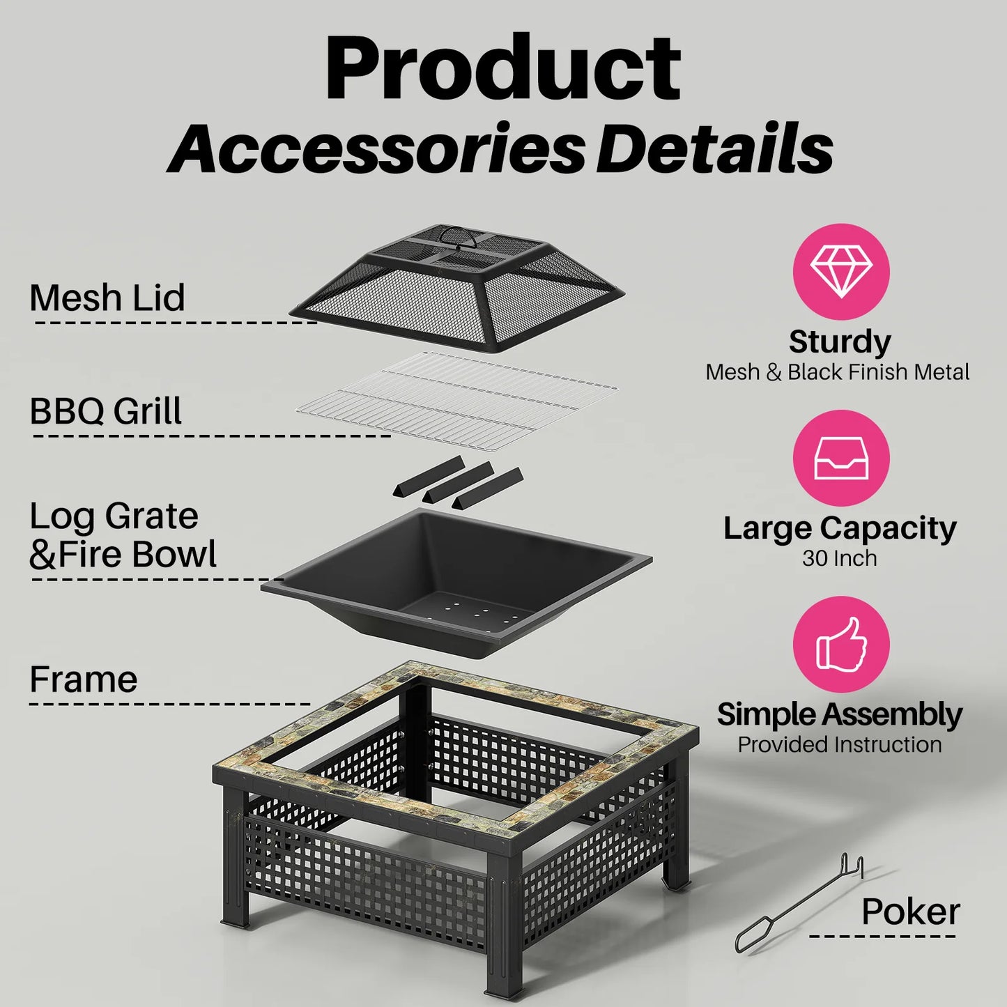 Outdoor Fireplace Table w/ Mesh Lid & Fire Poker
