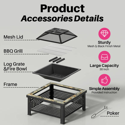 Outdoor Fireplace Table w/ Mesh Lid & Fire Poker
