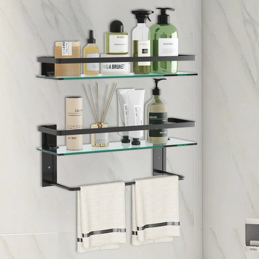 Glass Bathroom Shelf with Towel Bar 2-Tier