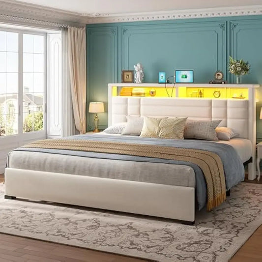 King Size Bed Frame with 2-Tier Storage