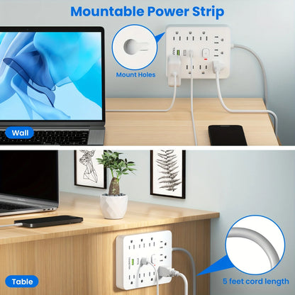 Power strip with, 9 sockets 3 USB Ports,5ft Extension Cord