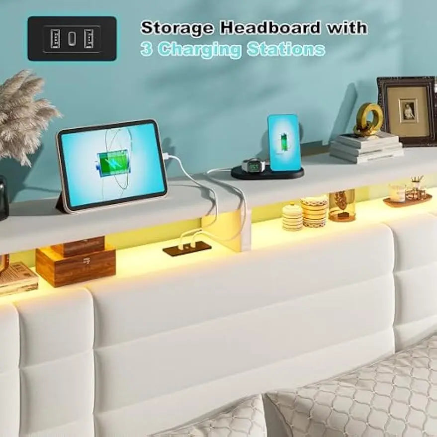 King Size Bed Frame with 2-Tier Storage