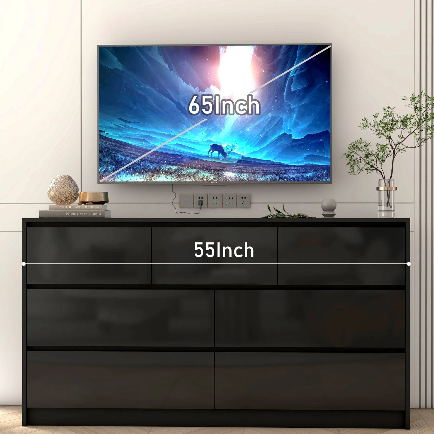 55 Inch Modern Dresser with High Gloss Drawers