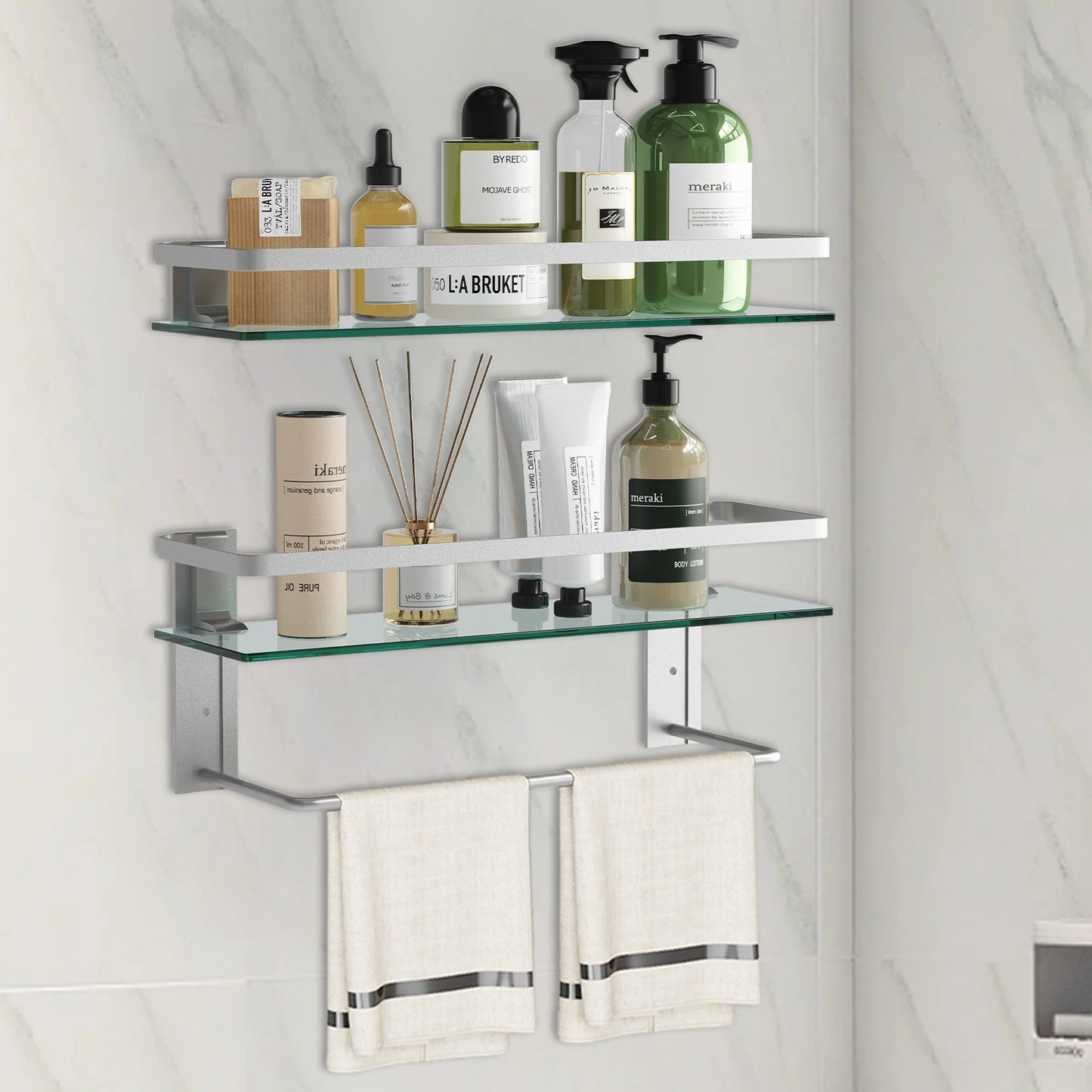 Glass Bathroom Shelf with Towel Bar 2-Tier