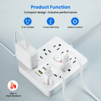 Power strip with, 9 sockets 3 USB Ports,5ft Extension Cord
