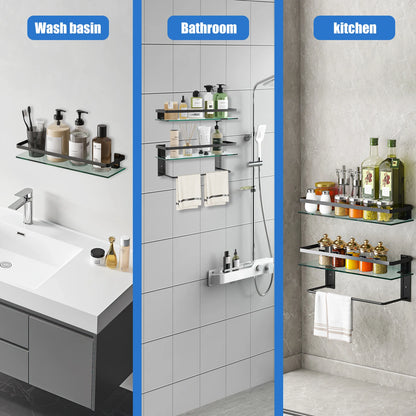 Glass Bathroom Shelf with Towel Bar 2-Tier