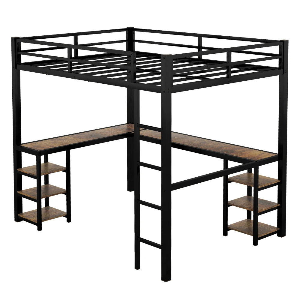 Full XL Metal Loft Bed with Desk and Shelves