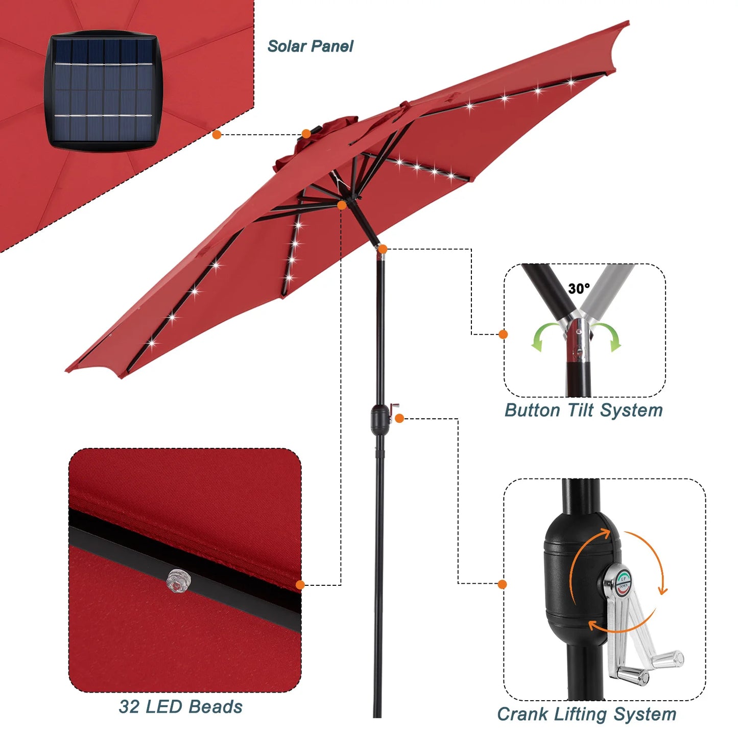 10FT Solar Patio Umbrella with 32 LED