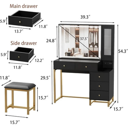 Black Vanity Desk with Mirror and Lights